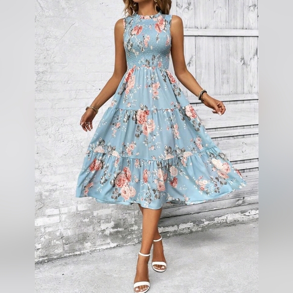 NEW Boho Floral Smocked Tiered Ruffle Midi Dress Sleeveless Blue Cream Pink - Picture 1 of 8